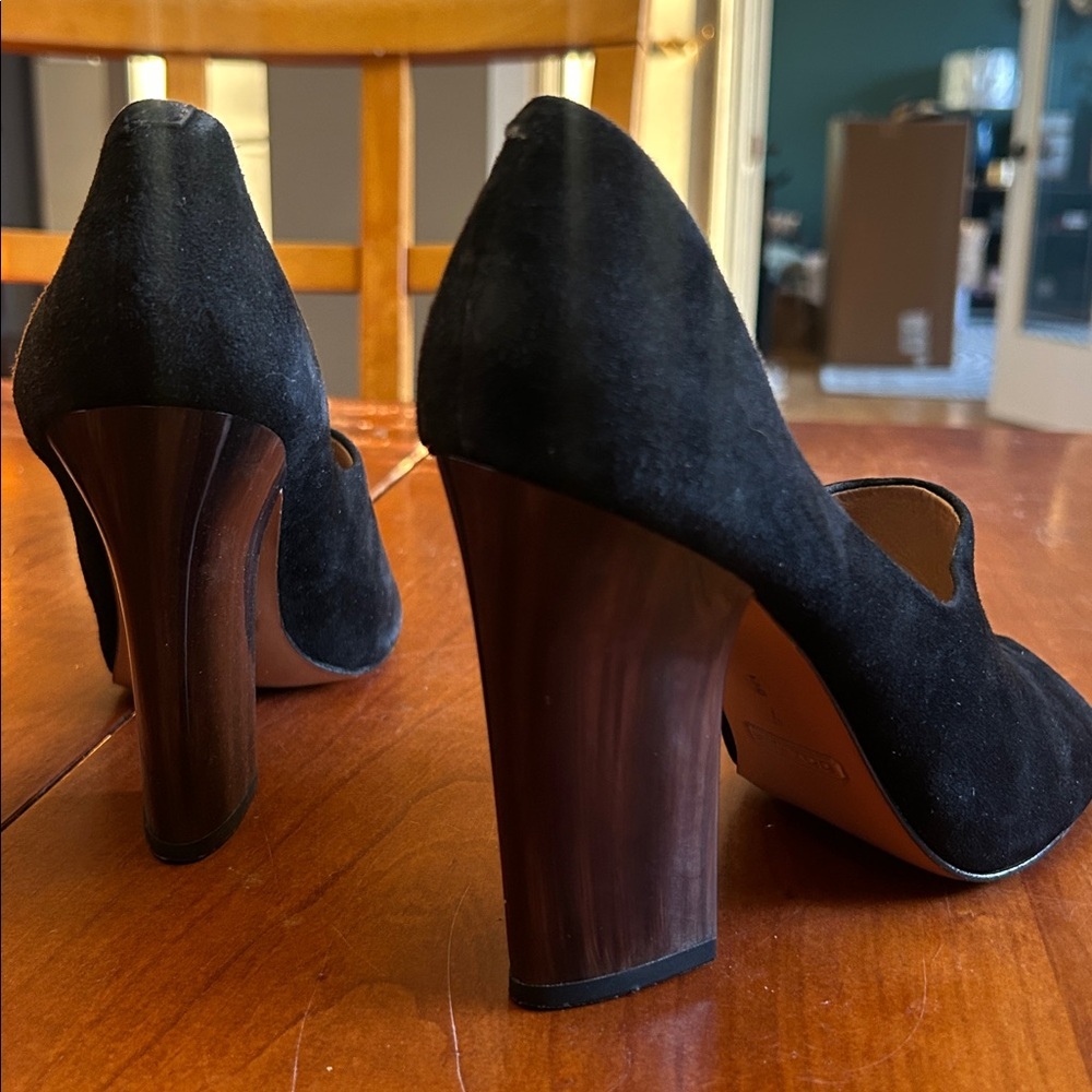 COACH Roslyn Black Peep Toe Suede Heels Size 7 - Picture 6 of 7